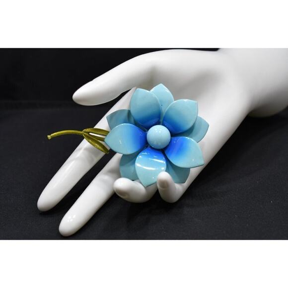 Vintage Blue Enamel Metal Flower Green Stem Brooch, 1960s, 3 3/4 Inches - Picture 2 of 10
